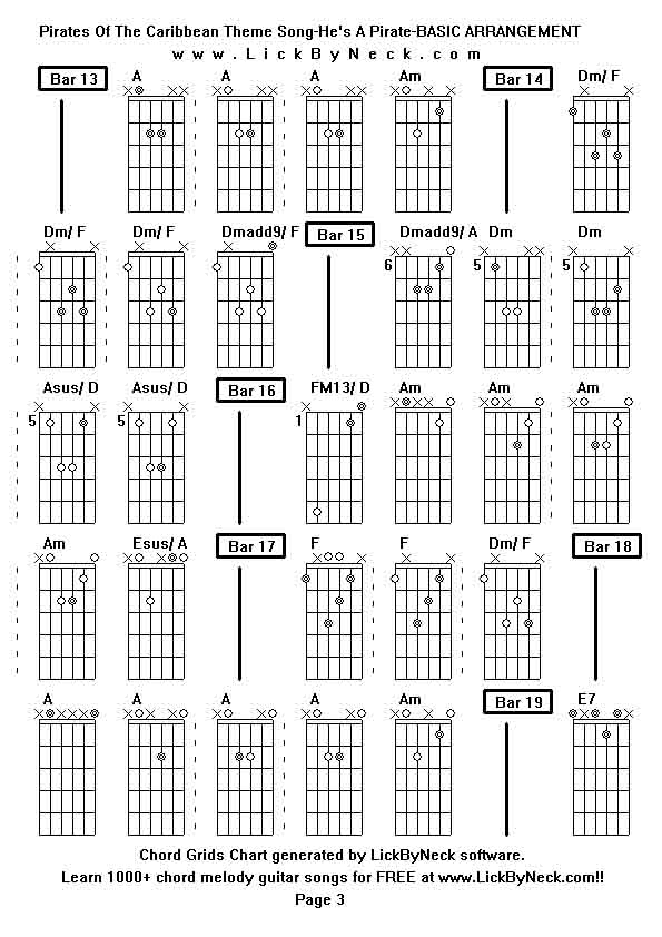 Chord Grids Chart of chord melody fingerstyle guitar song-Pirates Of The Caribbean Theme Song-He's A Pirate-BASIC ARRANGEMENT,generated by LickByNeck software.